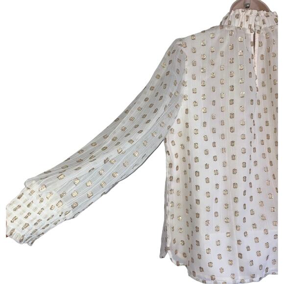 NWT Loft White and Gold Metallic Petite Ruffle Smocked Lined Sheer Blouse-Medium - Picture 10 of 13